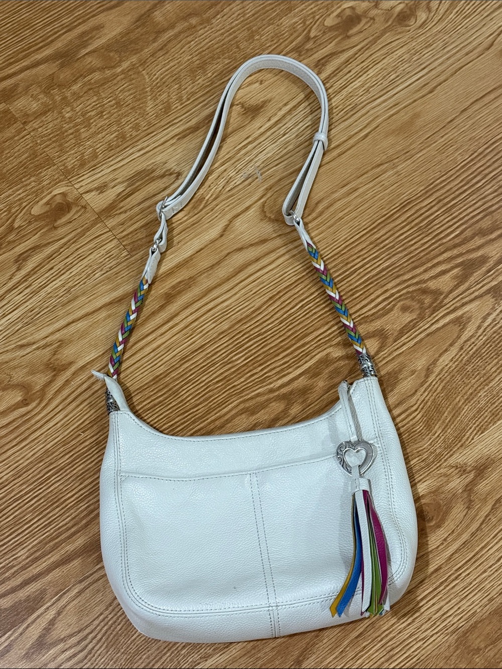 Brighton White Leather Shoulder Bag with Multicolor Braided Strap and Tassel